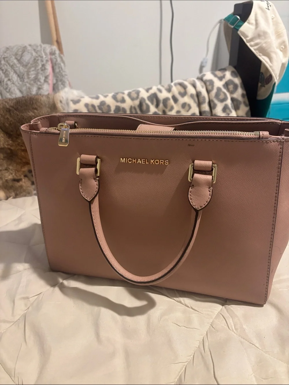 Michael Kors Pink Saffiano Leather Satchel with Gold Hardware